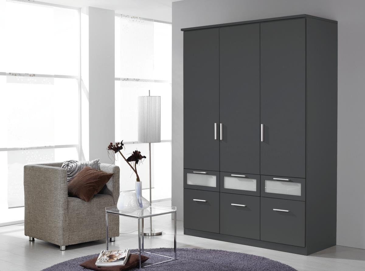 Rauch Möbel Bochum Schrank Kleiderschrank Drehtürenschrank 3-türig mit 6 Schubladen, Grau Metallic - Milchglas, Schwarz, BxHxT 136x199x56 cm