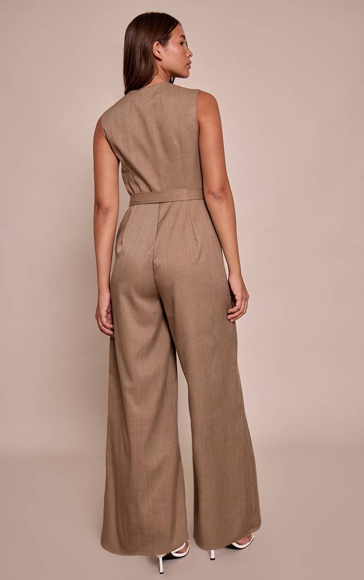 Taupe Combinaison Pantalon Large En Tissu Tissé Avec Ceinture Nouée Et Boutons