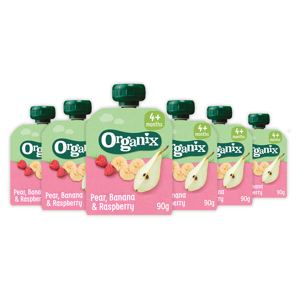 6x Organix Knijpfruit 4+m Peer, Banaan & Framboos90 gr