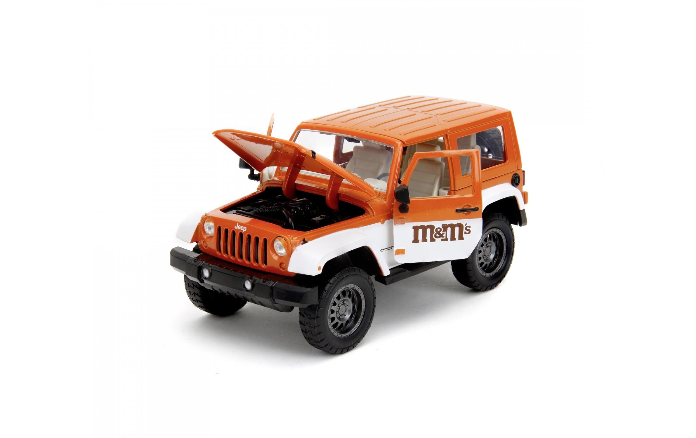 Jeep Wrangler 2007 M&Ms 1:242007 Jeep Wrangler Modellauto mit Orange M&M Figur