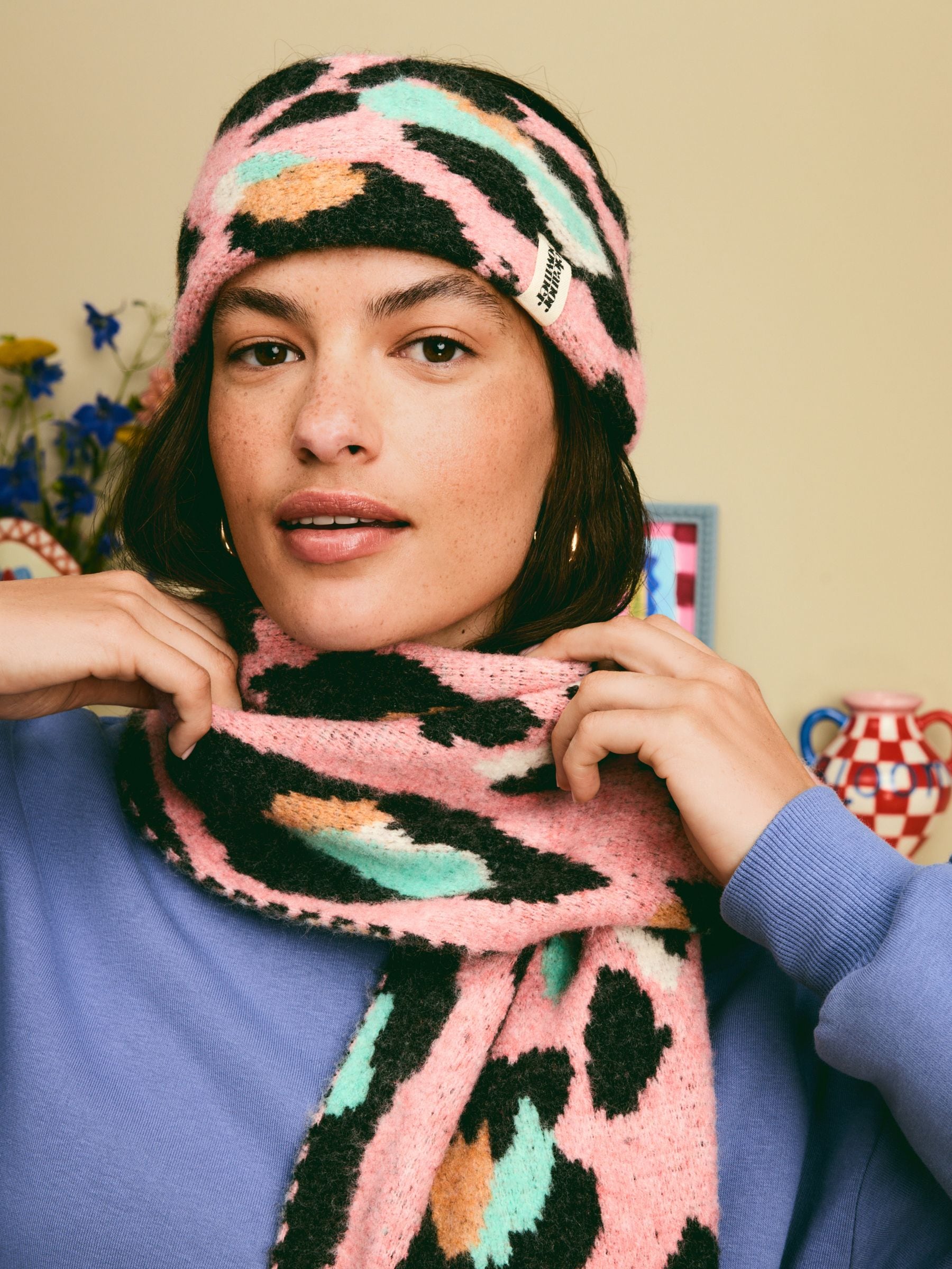Eleanor Bowmer Pink/Blue Leopard Print Knitted Headband