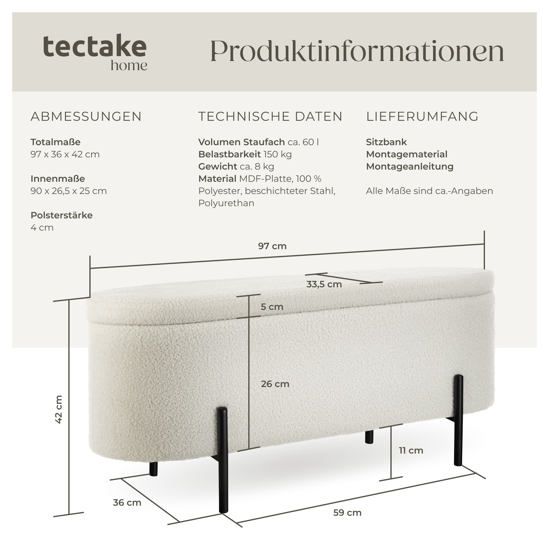 tectake® Sitzbank, mit Bouclé-Stoff, schlanke, bodenschonende Stahlbeine, 97 x 36 x 42 cm