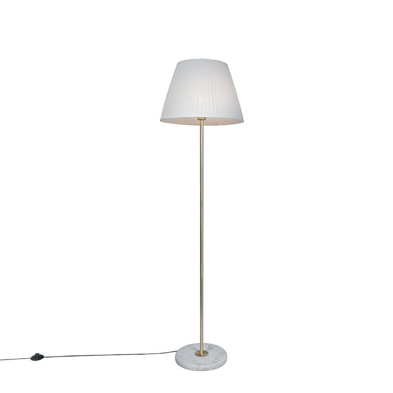 QAZQA - Retro Retro Vloerlamp | Staande lamp | Lamp | Licht messing met geplooide kap crème 45 cm - Kaso | Woonkamer | Slaapkamer - Rond staal - LED-compatibel E27