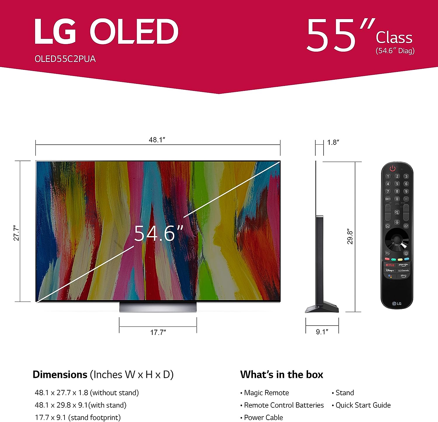 Smart TV LG Série C2 de 55 polegadas OLED evo OLED55C2PUA, 2022 - TV 4K com Inteligência Artificial, Alexa integrada, Prata Escuro