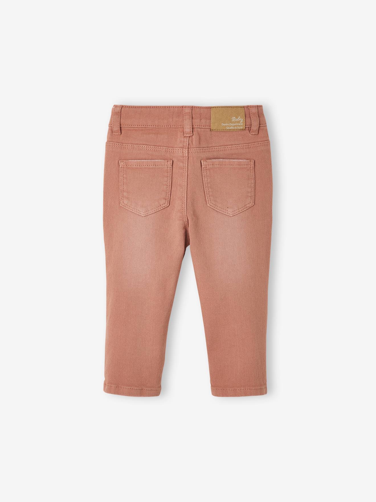 Calças de bebê slim fit em algodão stretch marrom médio, lisas com estampas.