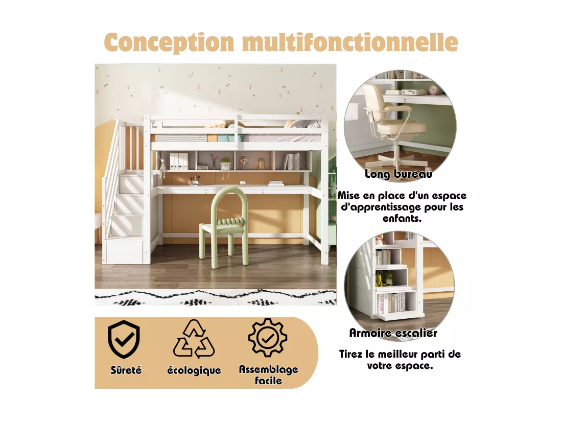 Lit Mezzanine enfant - 90 x 200 cm - avec bureau et étagères - 4 rangements dans l'escalier - bois massif + MDF - blanc