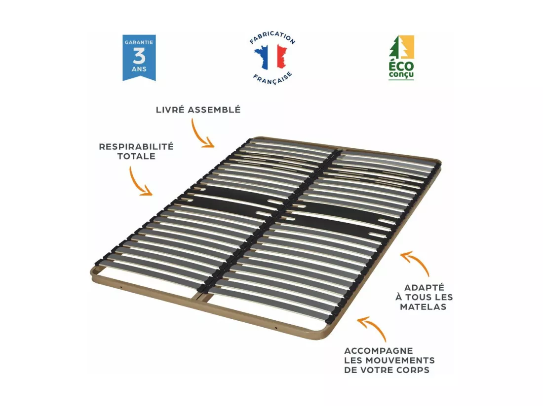 Sommier à lattes 2x90x200 C322 - 46 lattes bois - Fabrication française