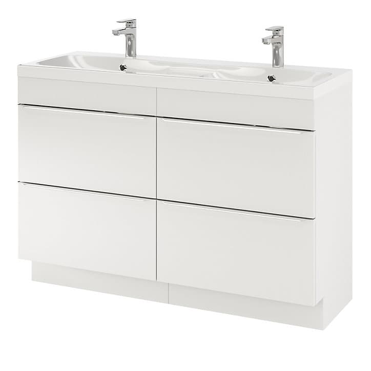 Ensemble salle de bains l.120 cm meuble à poser Imandra blanc brillant + plan double vasque résine blanc