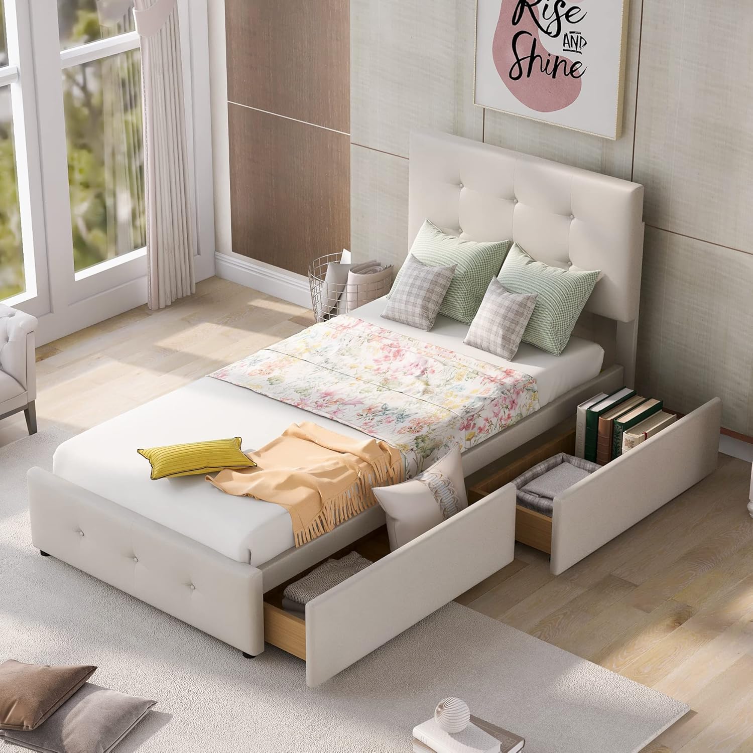 Polsterbett mit Lattenrost und Schubladen, 90x200 cm, Einzelbett mit höhenverstellbarem Kopfteil, Bezug aus Samt (beige)