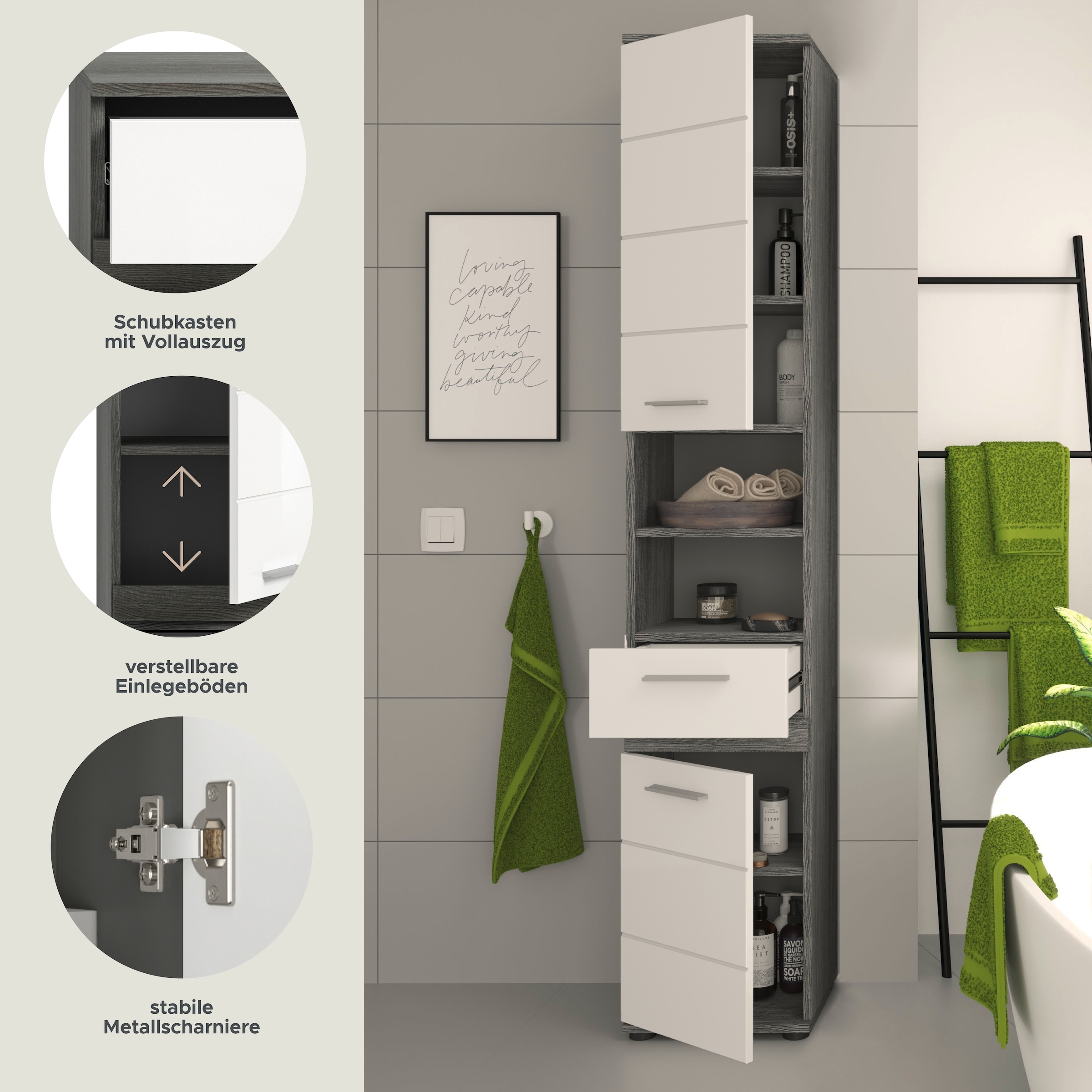 welltime Hochschrank »LUCCA, TOPSELLER!, Breite 35cm, 2 Türen, 1 Schubkasten, 2 Fächer« MDF-Front, Türanschlag wechselbar, Badmöbel, Badschrank, Badezimmer