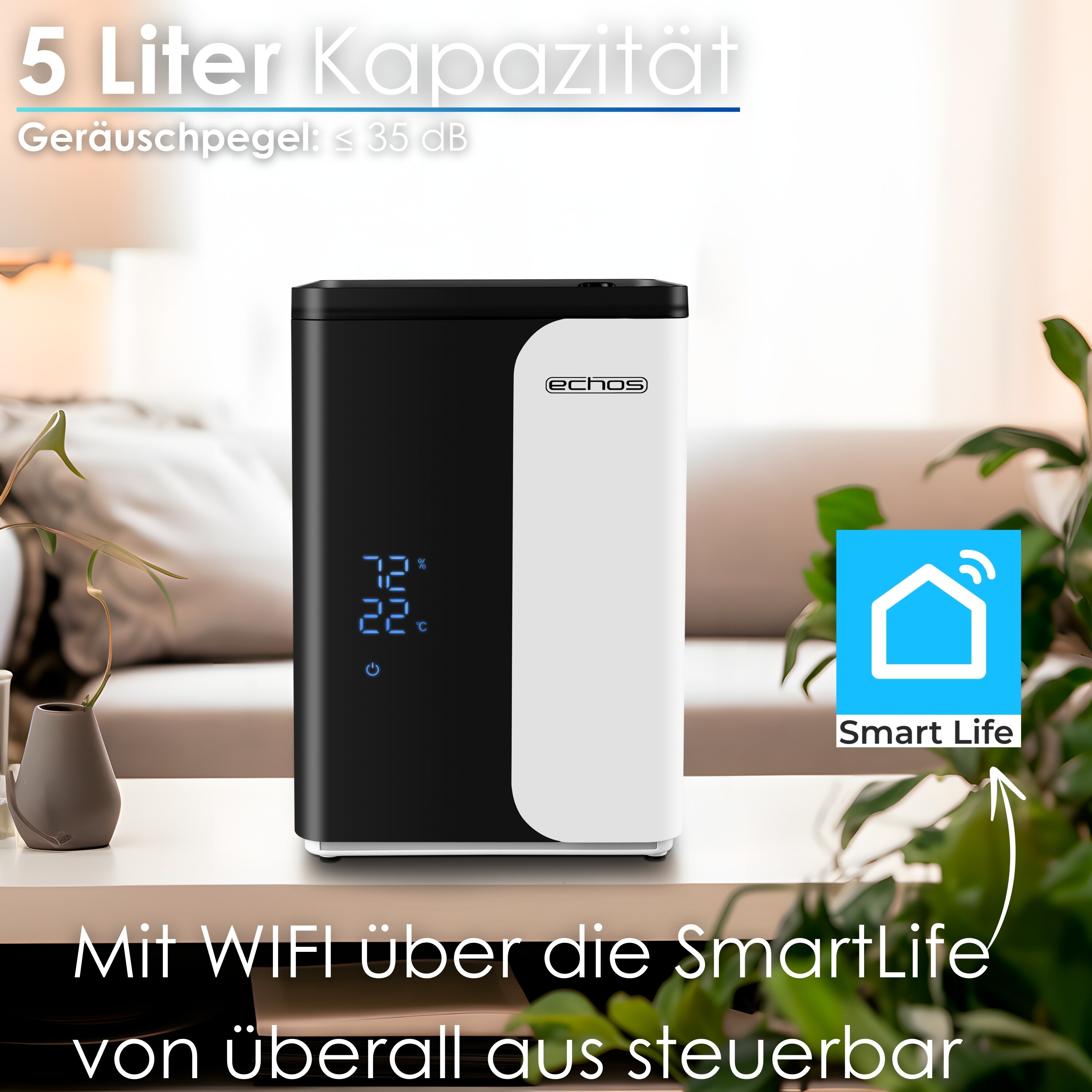 Echos WLAN Ultraschall Luftbefeuchter 5L Smart Life App Fernbedienung