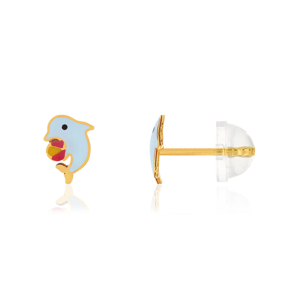 Boucles d'oreilles or jaune 375, laque. Motif dauphin et ballon.