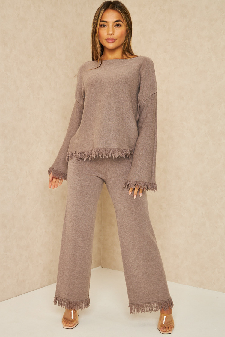 Ensemble 2 pièces pull + pantalon gris à franges