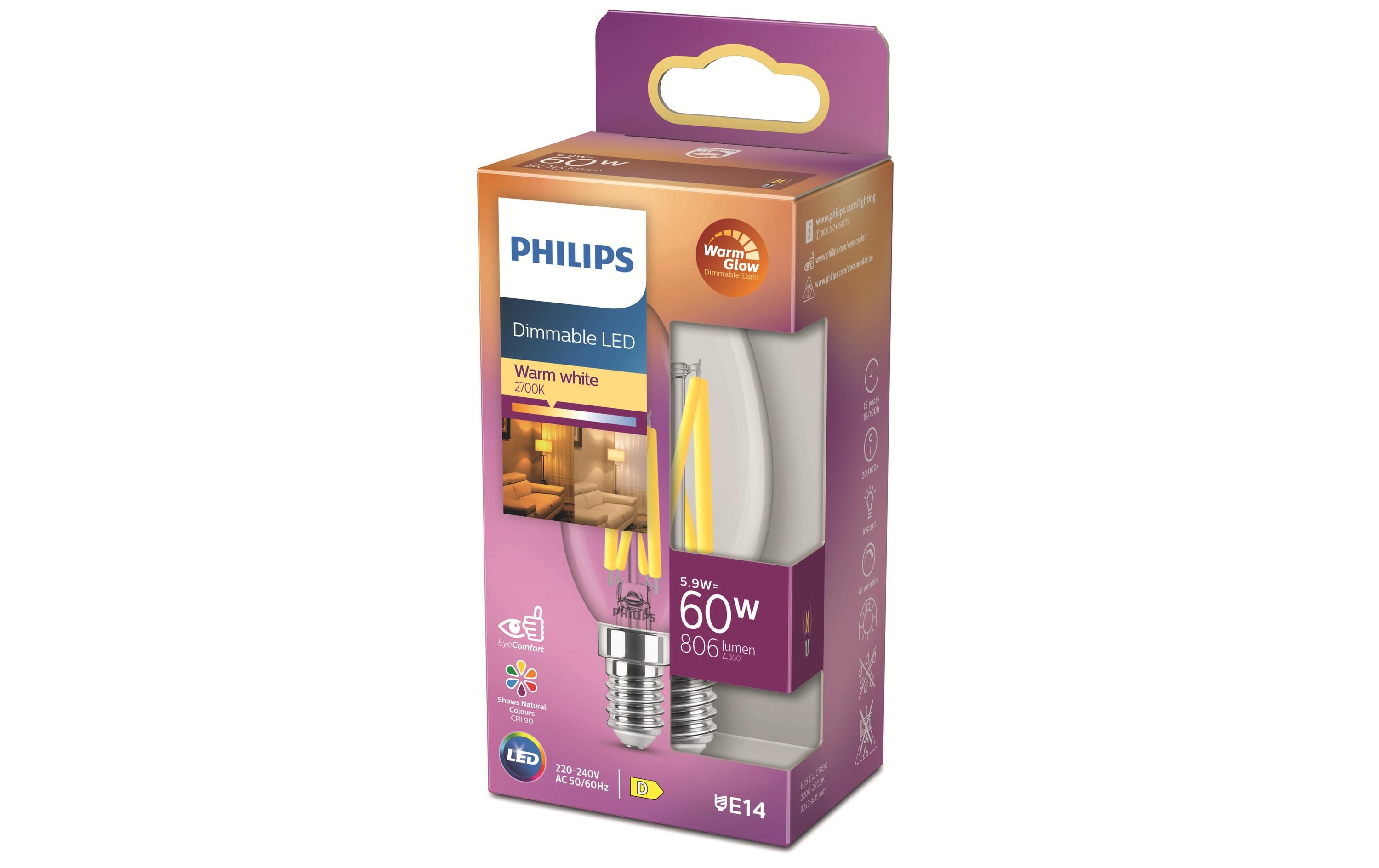 Lampe LEDcla 60W E14 B35 CL WGD90 WarmweissWarmweisses LED-Leuchtmittel B35 mit klarem Glas