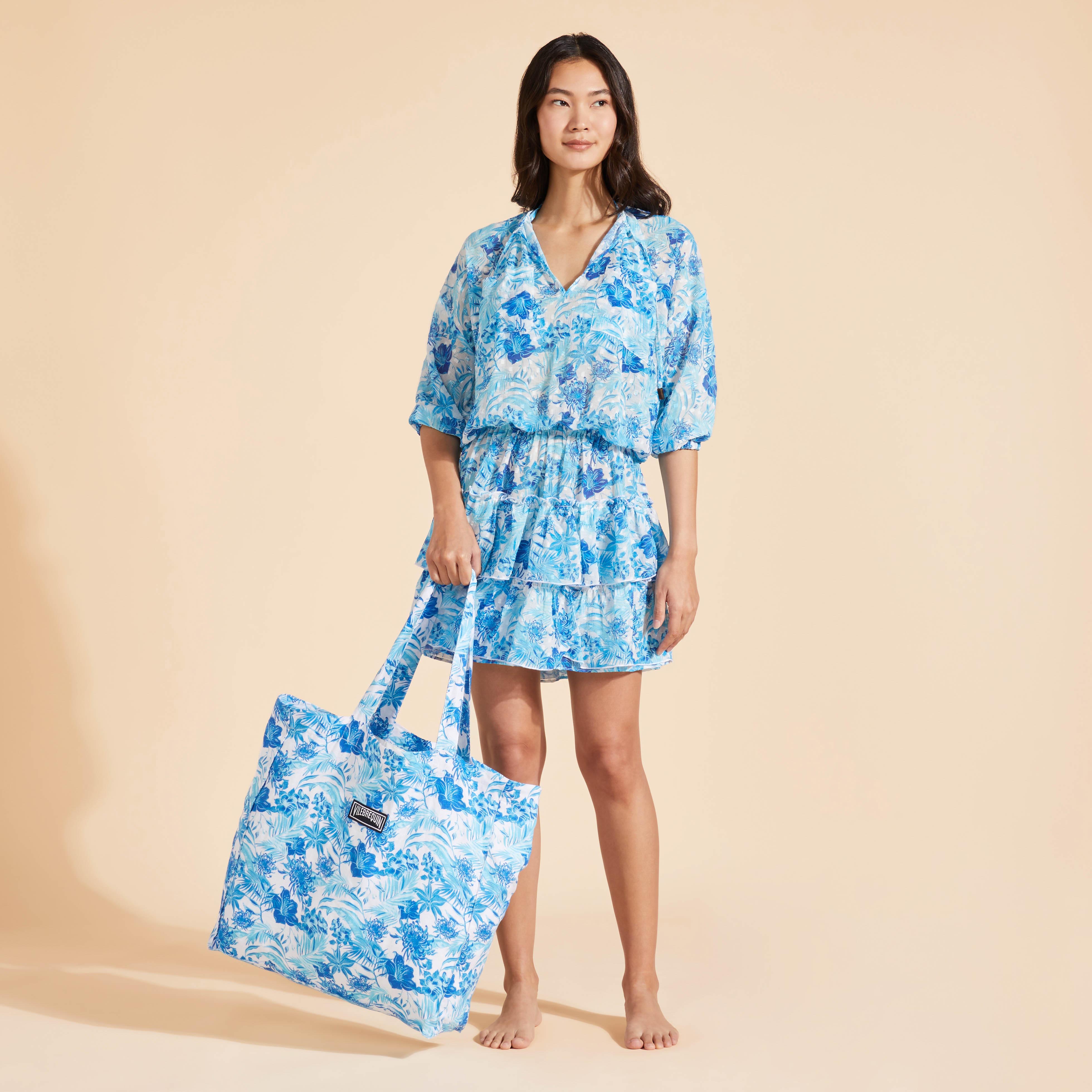 Robe Courte à Volants en Coton Femme Tahiti Flowers
