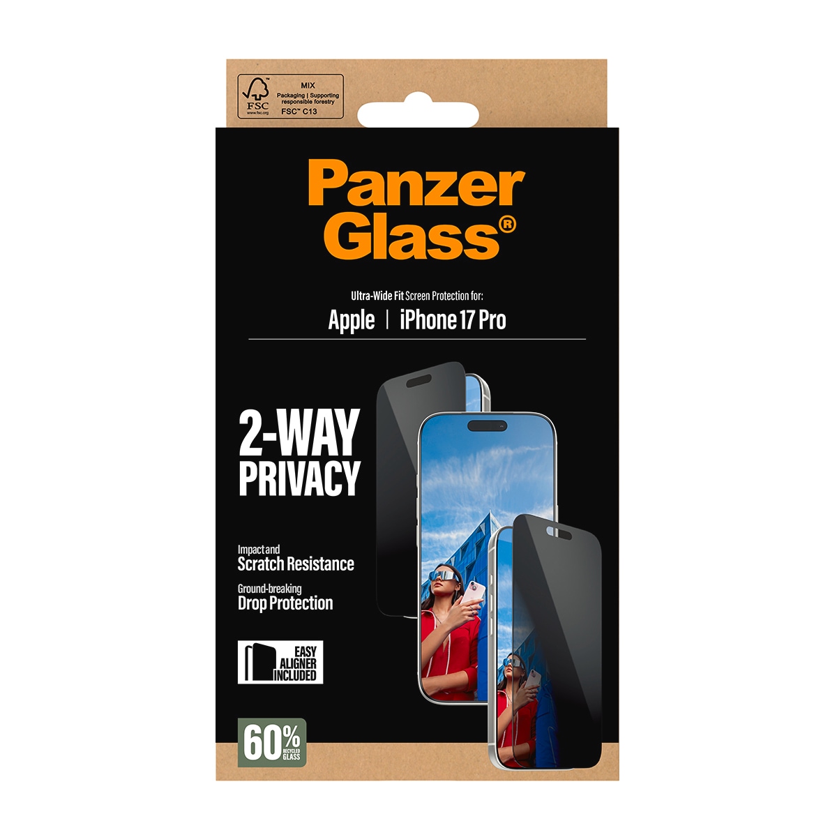 CARE by PanzerGlass Displayschutzglas »2-Way Privacy Ultra-Wide Fit Screen Protector« für Apple iPhone 17 Pro Displayschutzfolie, Schutzfolie, Bildschirmschutz, kratz- & stossfest