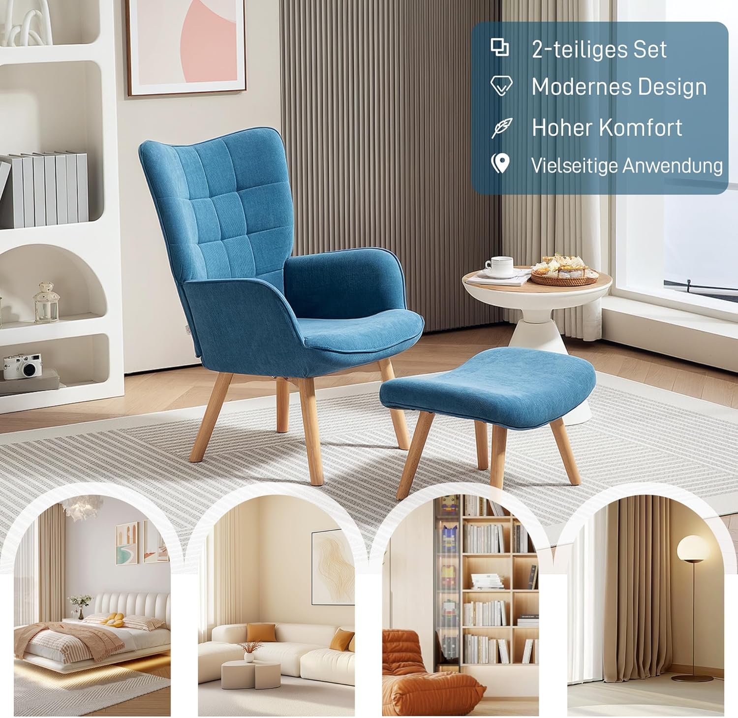 HOMCOM Ohrensessel mit Hocker Sessel Loungesessel mit Cord-Optik, Modern Relaxsessel, Armlehnensessel Lesesessel für Wohnzimmer, Schlafzimmer, Blau
