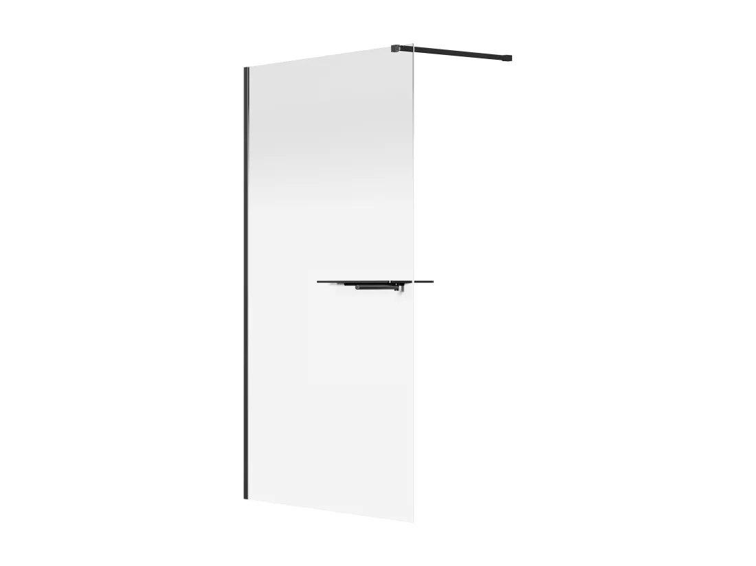 Paroi de douche à l'italienne brume avec porte serviette et étagères - 120 x 200 cm - Noir mat - POMARO