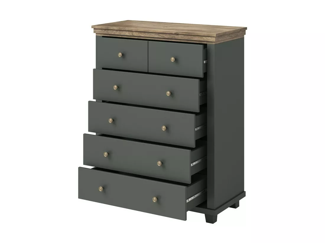Chambre à coucher ASSIA : Armoire 200cm, Lit 180x200, commode, chevets. Coloris vert kaki et chêne.
