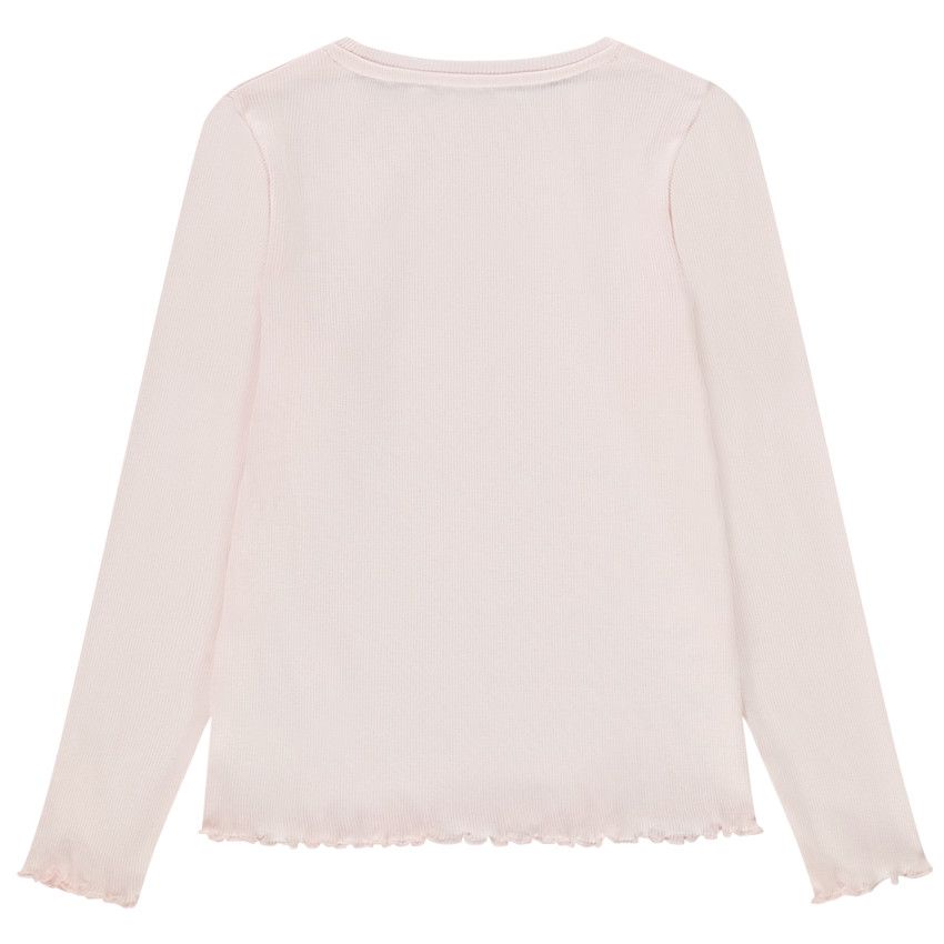 T-shirt manches longues en rib broderie coeur pour fille - Rose