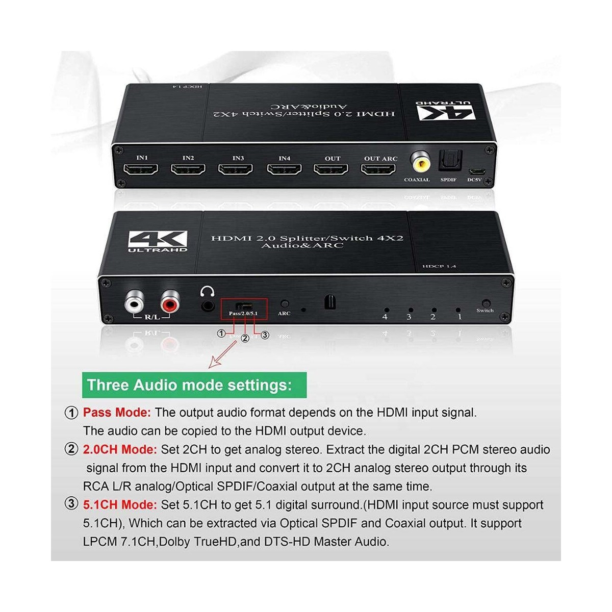 NÖRDIC HDMI Switch 4 til 2 med lydkontaktor og bue, 4kx2k i 60Hz, HDCP 2.2, 5.1 Surround, metall