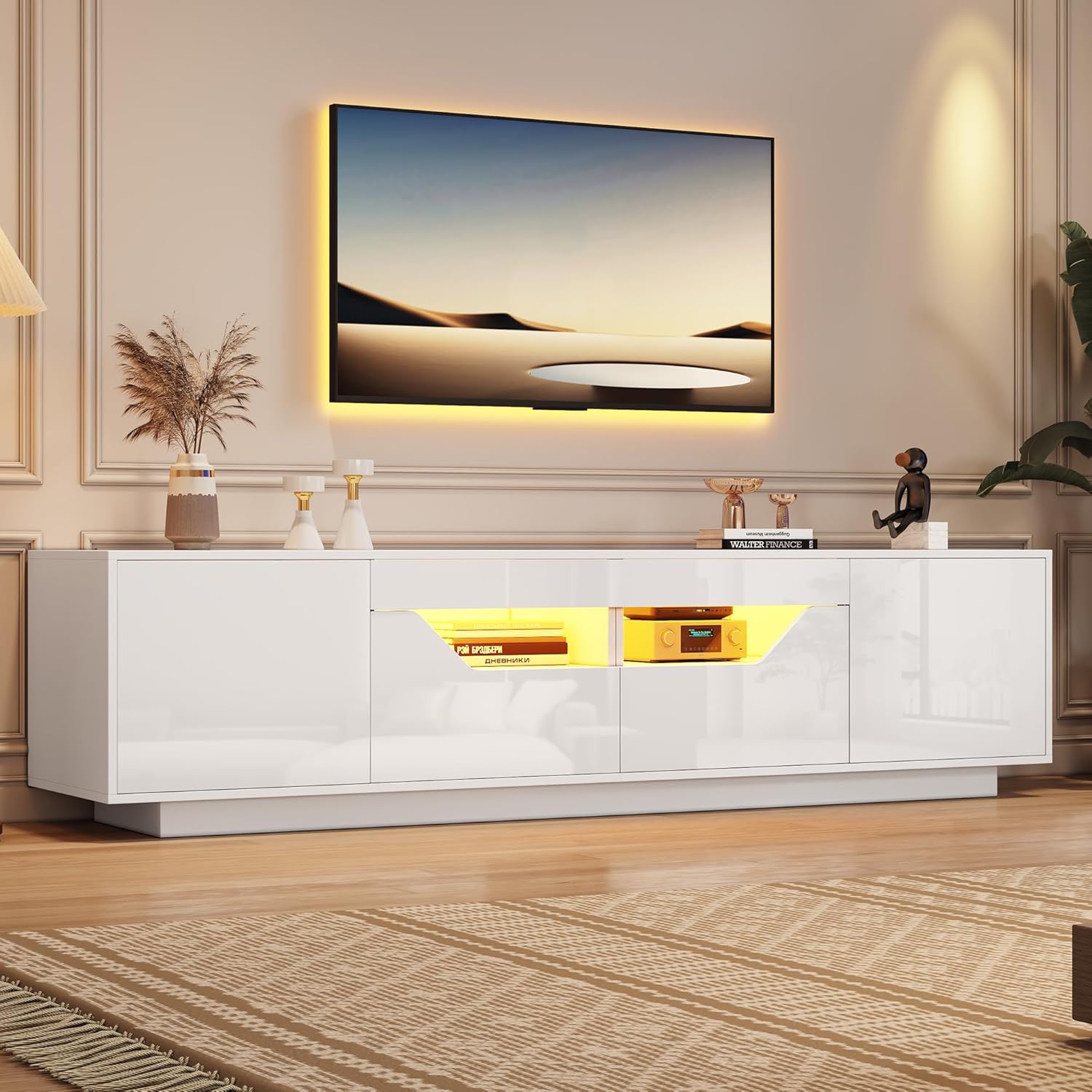 Merax TV-Schrank mit LED-Licht, Fernsehtisch Hochglanz, Modern TV Lowboard Board Schrank mit 2 Türen, 2 Schubladen, Offene Fächer, TV-ständer für Fernseher bis zu 75 Zoll, für Wohnzimmer, 180cm, Weiß