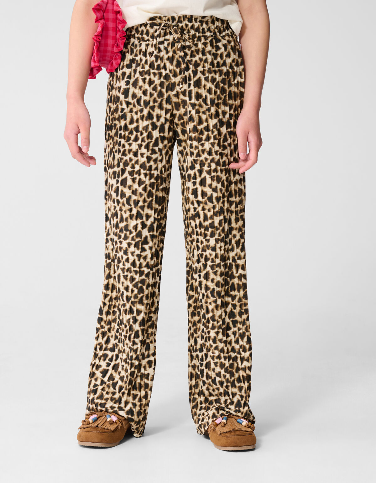 Leopard Plissé Wide Leg Broek Lichtbruin