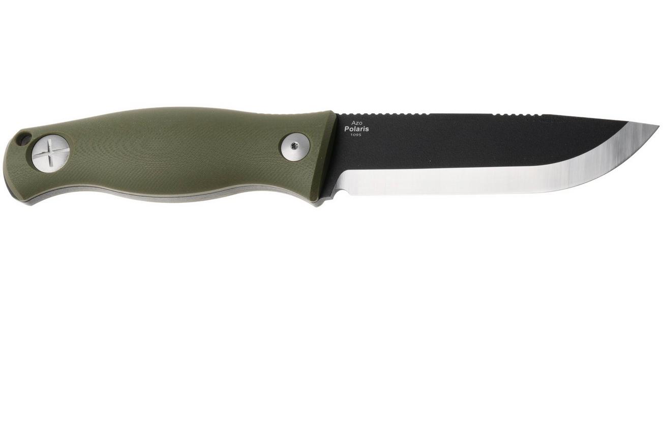 Kizer Polaris 1100A2, Black 1095 Carbon Steel, OD Green G10, vaststaand mes, Azo design