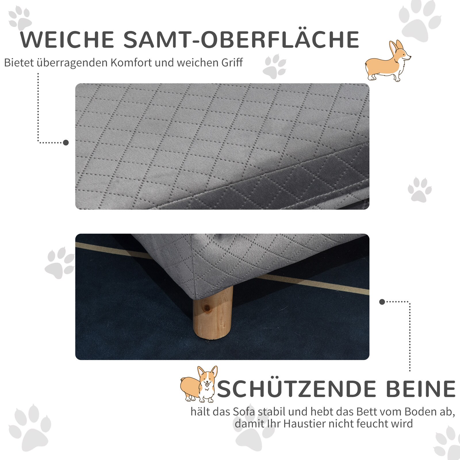 PawHut Haustiersofa mit Holzbeinen grau 64B x 45T x 36H cm