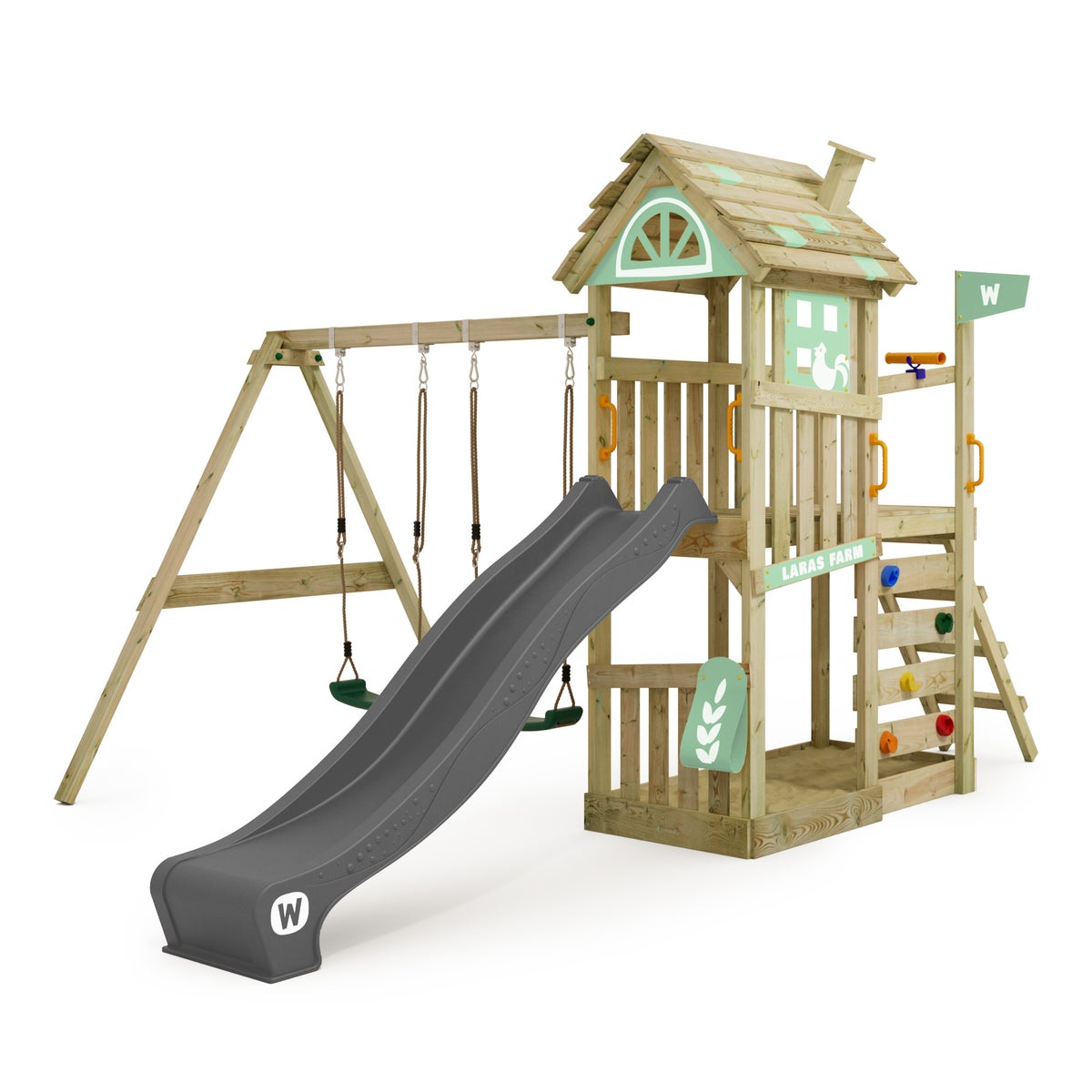 WICKEY FarmFlyer Speeltoren Klimrek met Schommel en Glijbaan, Klimtoren met Zandbak, Ladder en Speelaccessoires – Pastelgroen