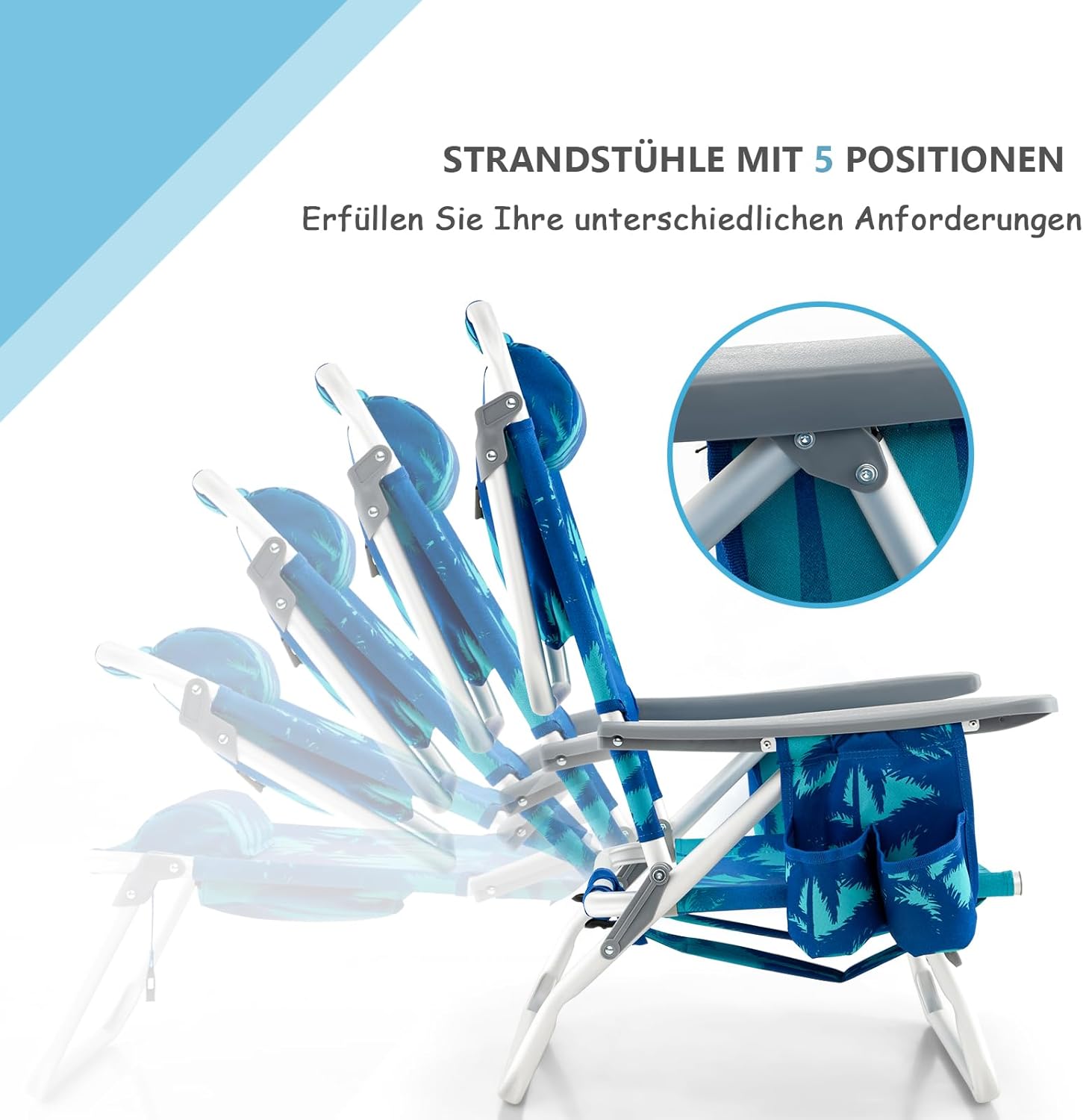 COSTWAY Strandstühle und Tisch Set, klappbare Campingstühle mit Verstellbarer Rückenlehne, Kopfstütze, Seitentaschen, Eisbeutel, Schultergurten & Armlehnen, Klappstühle leicht (Kokosnusspalme)