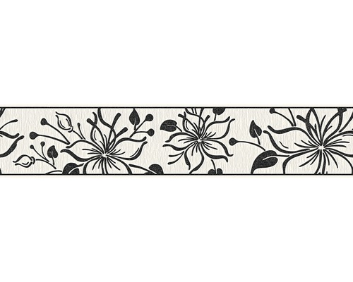 Zelfklevende rand 3466-29, bloem, zwart-wit met glitter, 5 m x 13 cm