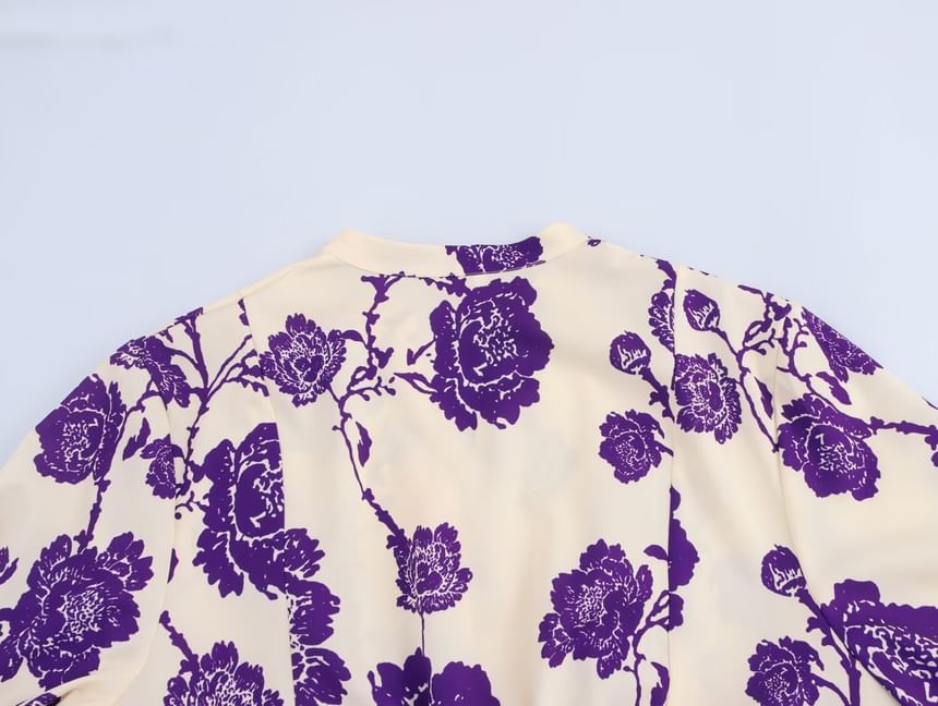 Cumulys - Midi-A-lijnjurk met lange mouwen, V-hals en bloemenprint