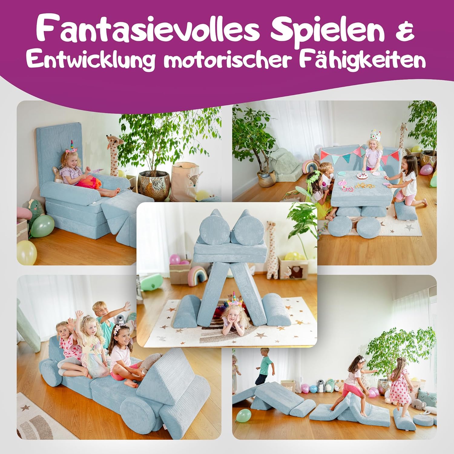 Linodino® Spielsofa Cord Fantasiewelt, Kindersofa-Bausteine - Stapelsteine für Kinder - Kindercouch, Sofa-Kuschelecke | Schaumstoff-Softbausteine | Oeko-TEX 100 Zertifiziert | Einhornblau