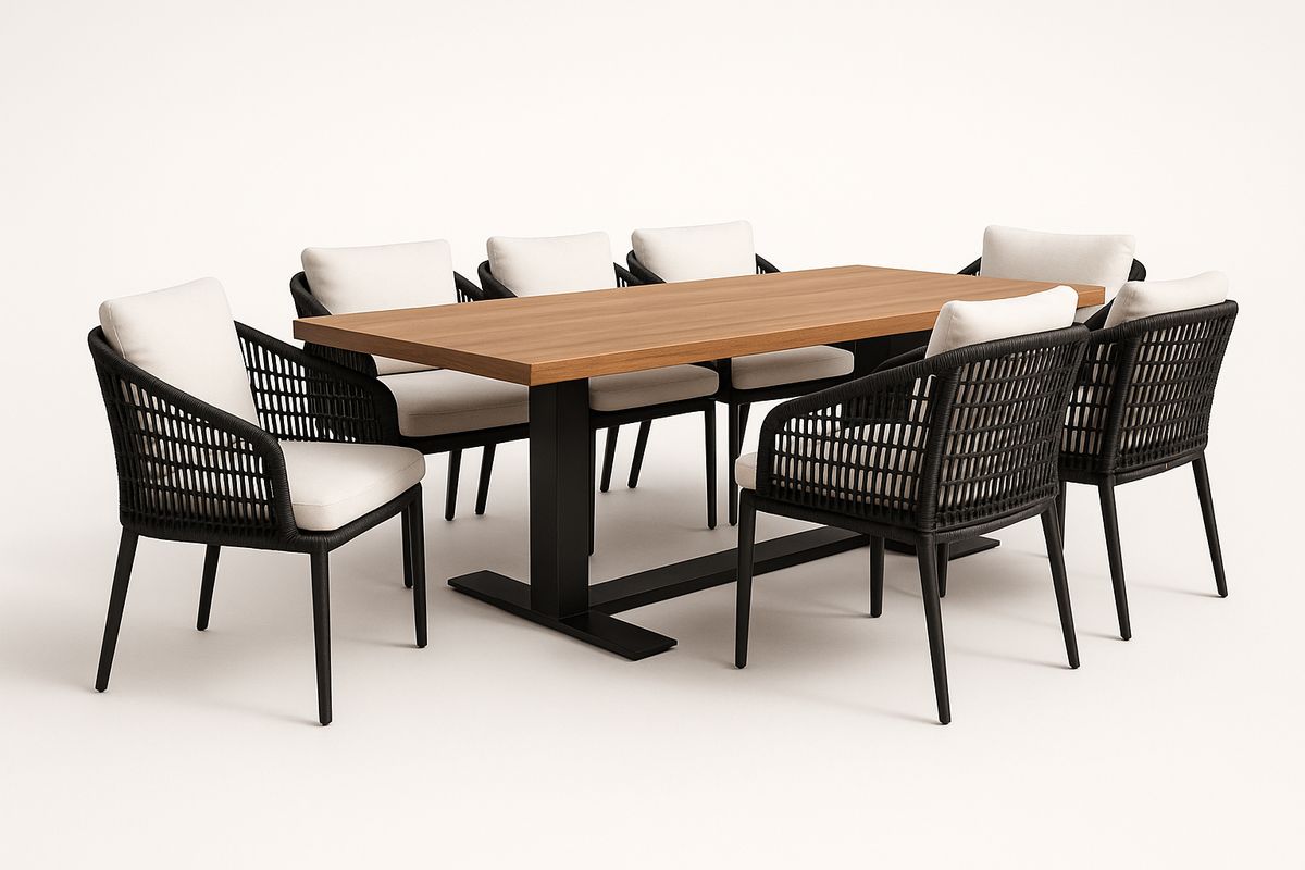Holz Tisch mit Metallgestell und 7-teiligem Rattan-Kissen Set