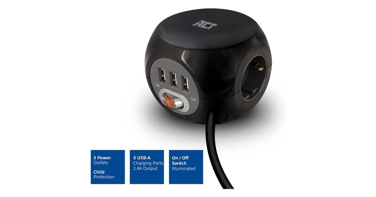 ACT ConnectivityStekkerdoos cube met 3 stopcontacten, USB-A-poorten, 1,5m stekkerdoos  (Zwart)