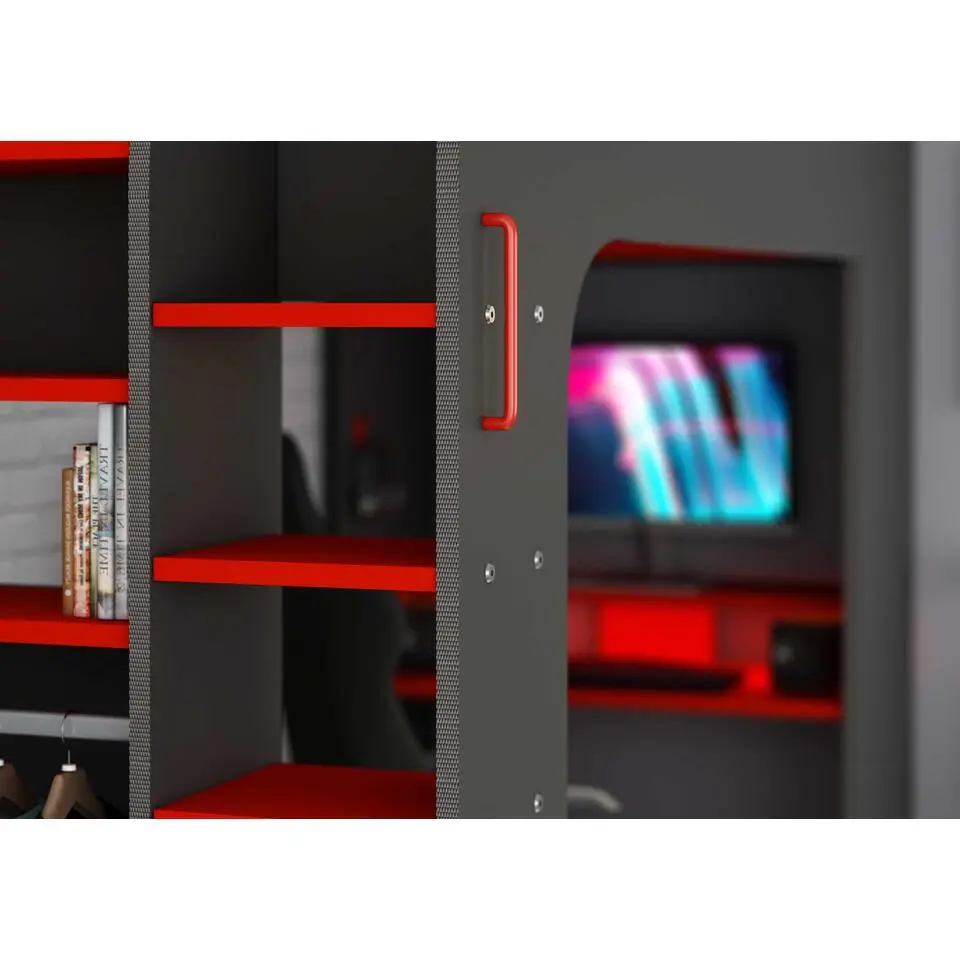 Hoogslaper Graham met gamebureau 90x200cm - antraciet/rood