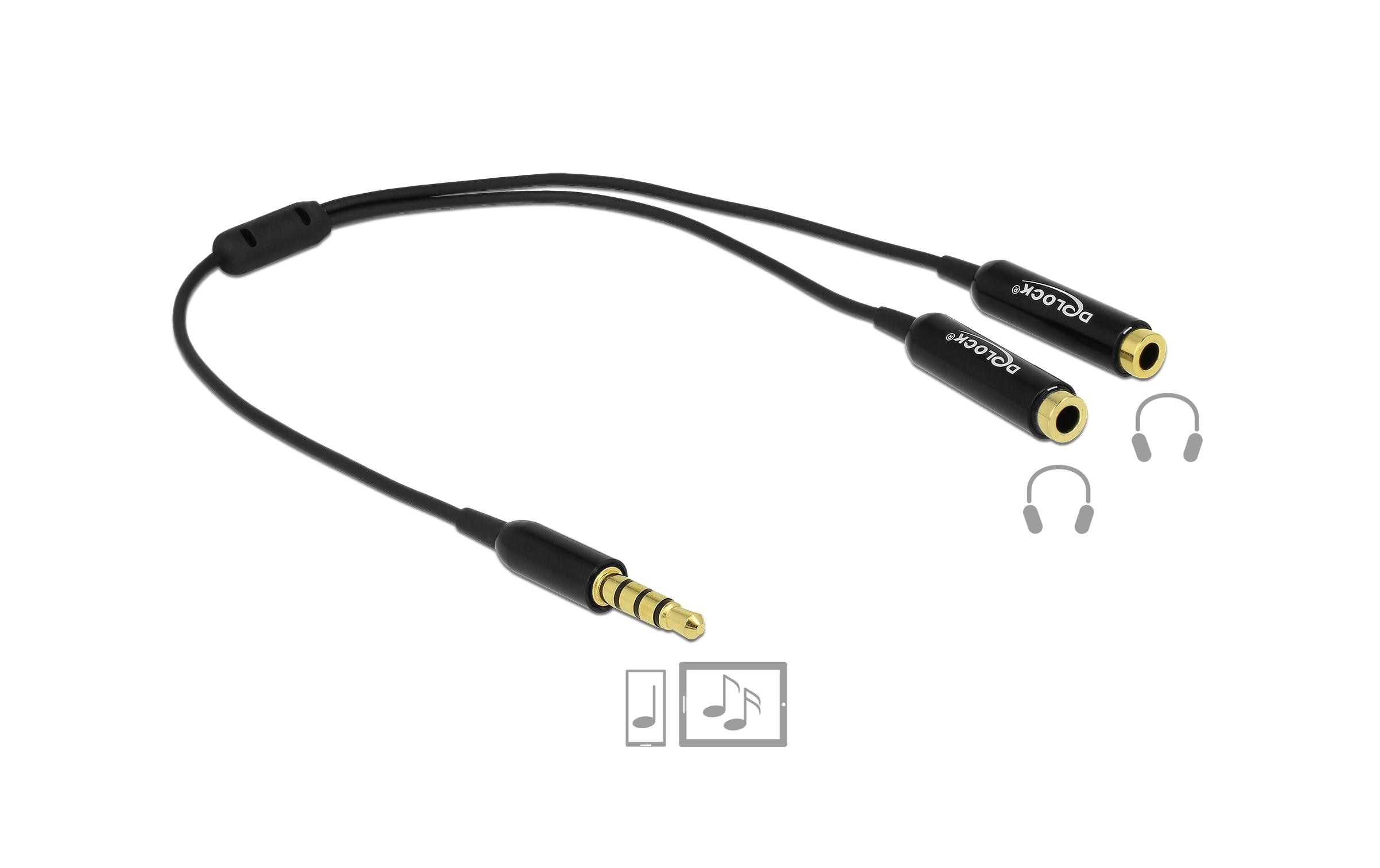 Audio-Kabel Klinke 3.5 mm, male – female, 0.25 m SchwarzDelock Kabel Audio Splitter Klinkenstecker 3.5 mm 4 Pin > 2 x Klinkenbuchse 3.5 mm 4 Pin 25 cm