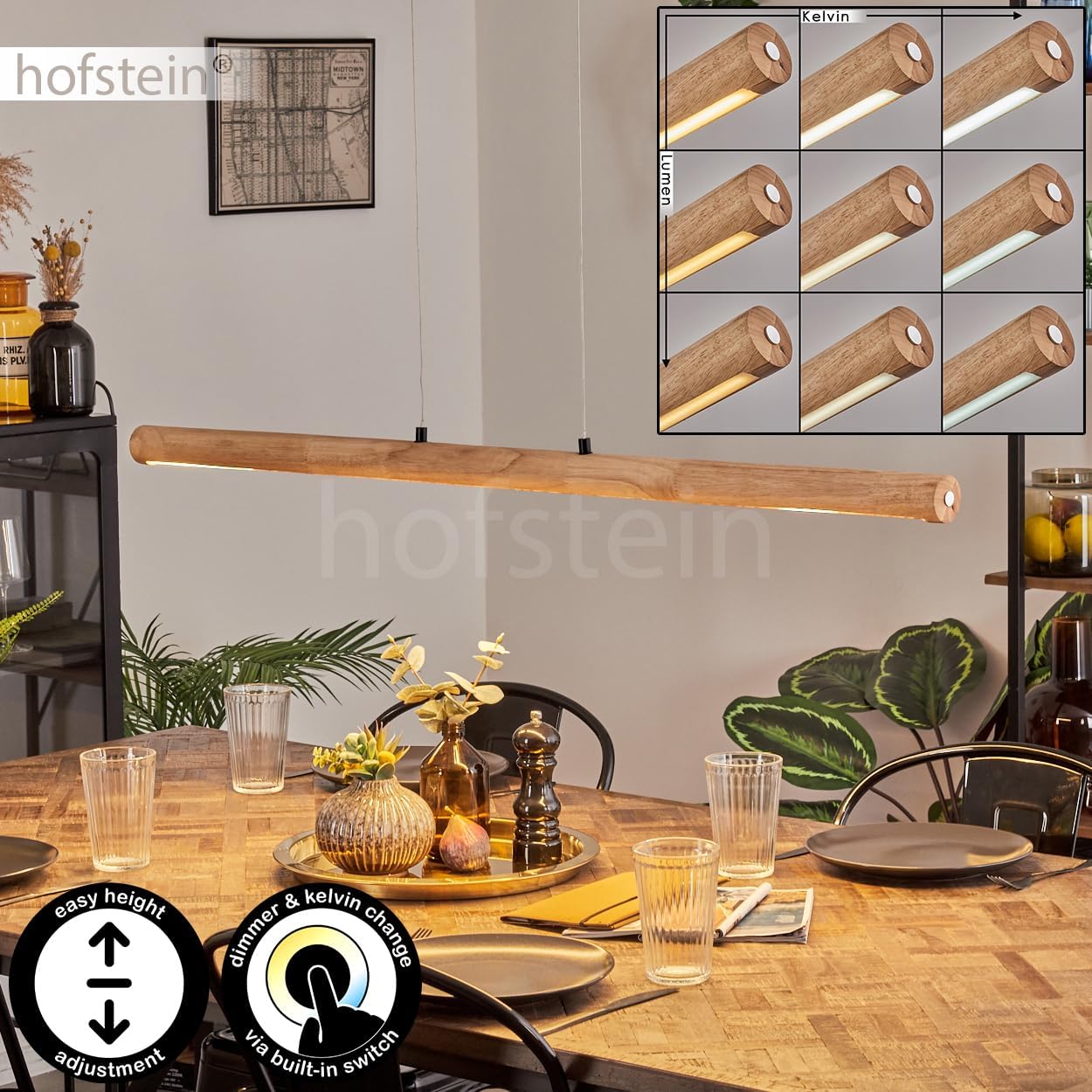 LED Pendelleuchte Carbellino, dimmbare Hängelampe aus Metall/Holz/Kunststoff in Schwarz/Naturfarben/Weiß, skandinavisches Design, Höhe max 150cm, Touchdimmer, LED 24 Watt, 3000-6000 Kelvin, 2550 Lumen