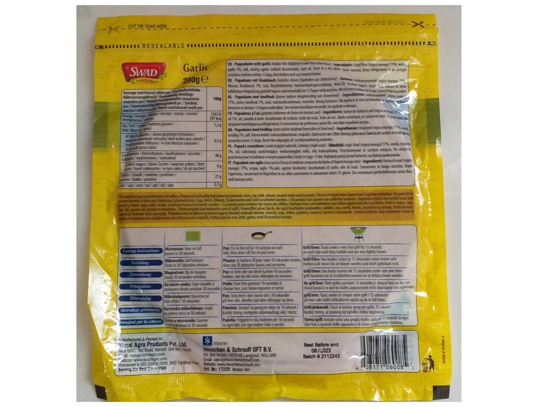 SNACKS SWAD PAPPADUM DE ALHO 200G