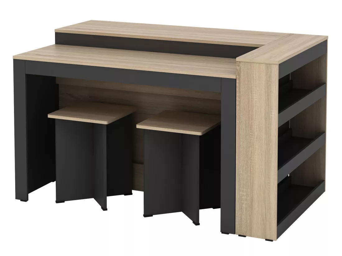 Ensemble îlot central de cuisine + 2 tabourets - Noir et naturel clair - NUSICE