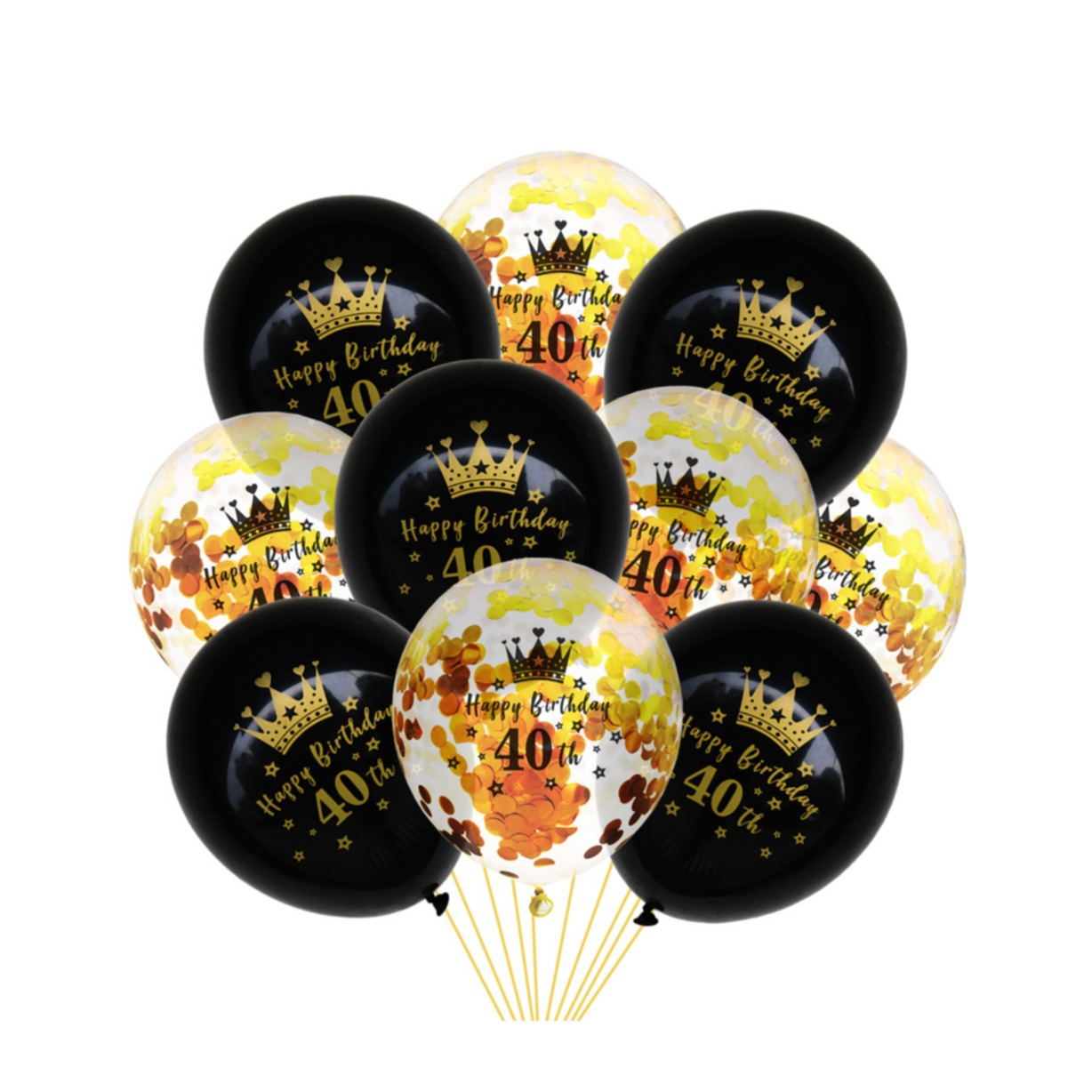 (10er Set) Ø30cm Geburtstags Party Deko Ballons Latex Luftballons 40 Happy Birthday mit Krone   Konfetti - Schwarz / Transparent