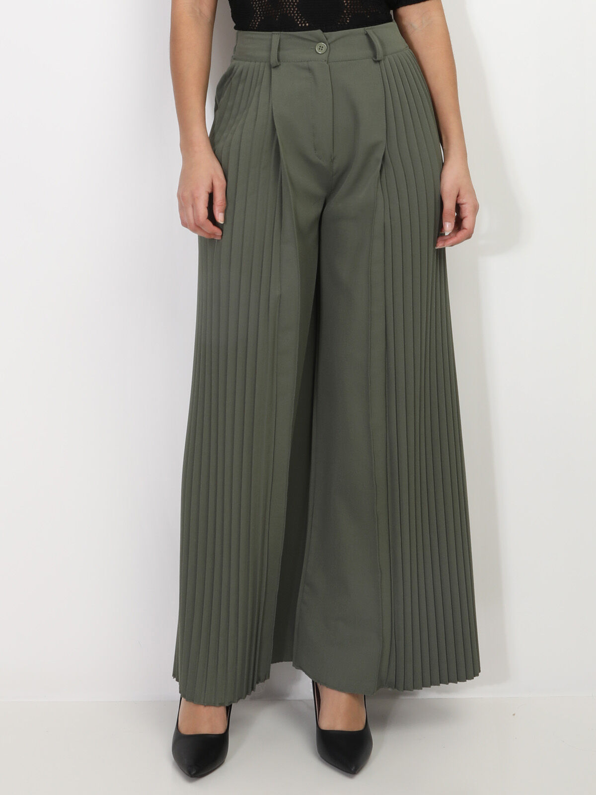 Pantalon de costume palazzo plissé- Kaki