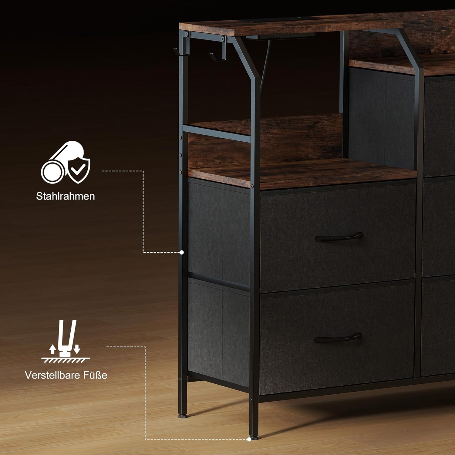 HOMCOM Kommode Schrank mit 8 Schubladen aus Vliesstoff Aufbewahrungsschrank mit Ladestation Haken Stahlrahmen Schubladenschrank für Schlafzimmer, Wohnzimmer, Rustikal-Braun+Schwarz