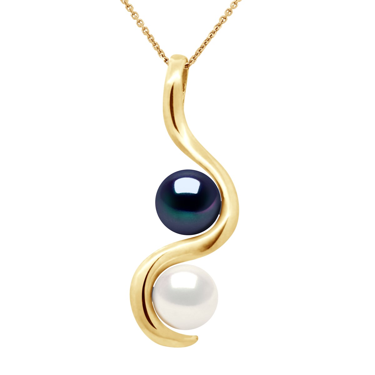 Pendentif TOI ET MOI 2 Perles de Culture d'Eau Douce Blanches et Noires 7-8 mm Or Jaune