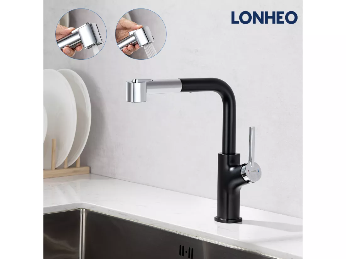 Mitigeur Cuisine Noir, Lonheo Max Robinet Cuisine Noir avec Douchette Extractible,avec 2 Jets,Rotatif 360 ° avec Barboteur Démotabl,EU Modèle