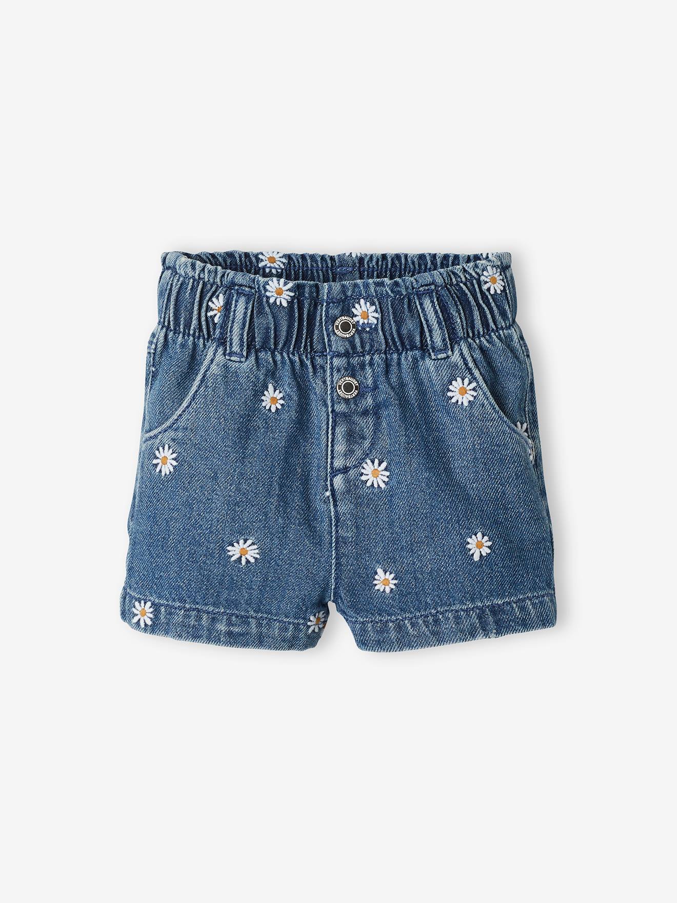 Calções de ganga com flores bordadas, para bebé, lavagem azul escura