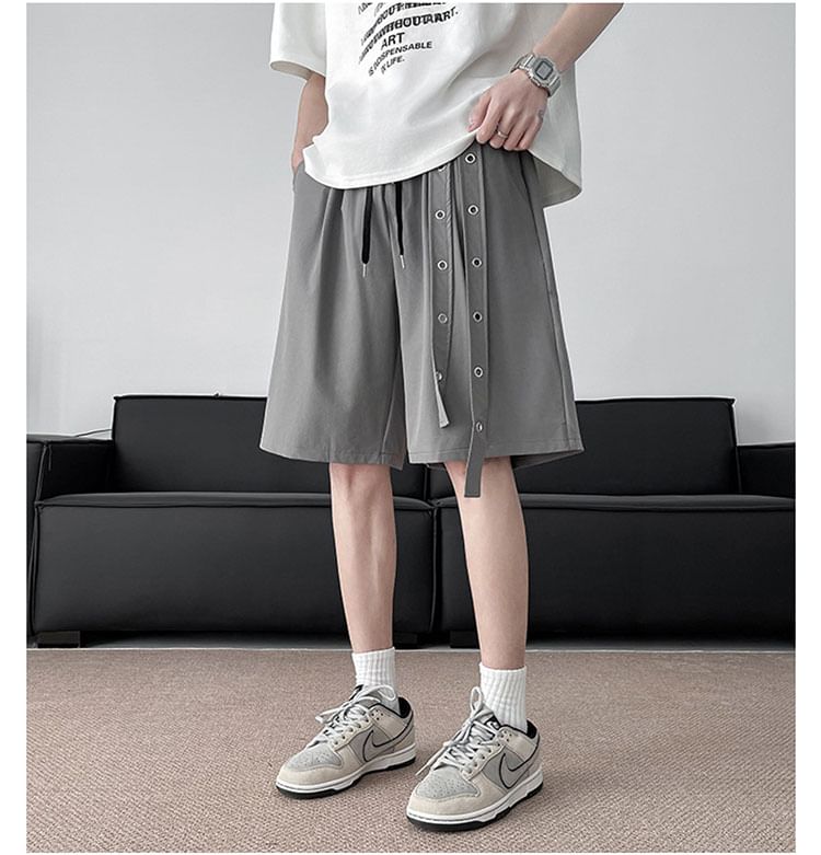 Whyessa - Mid Rise Plain Grommet Shorts