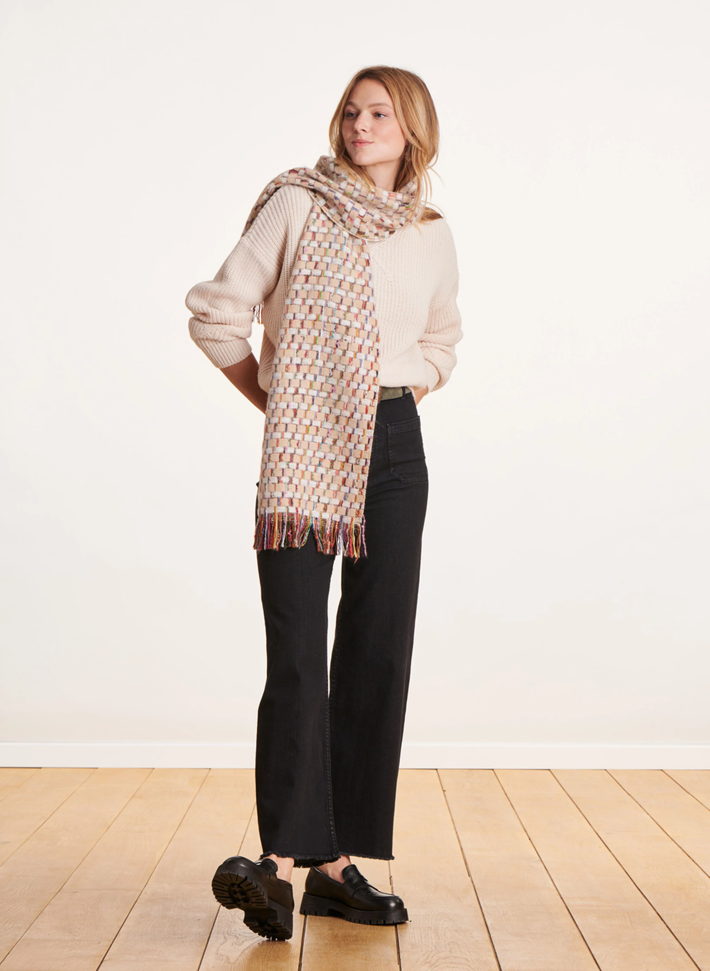 Echarpe à carreaux en laine | Beige