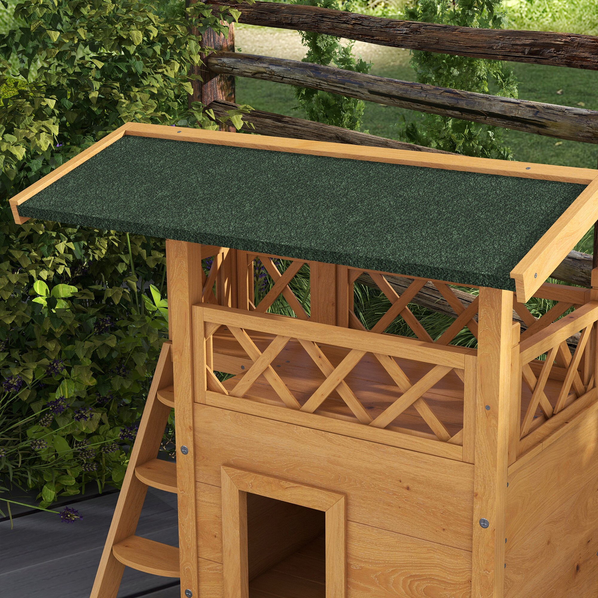 PawHut Katzenhaus mit Treppe und Dach natur 77L x 50B x 73H cm